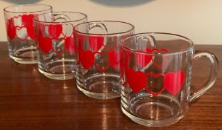 Vintage 70s Red Heart Glass Coffee Cups Mugs Mid Century Modern Kitchenware Usa