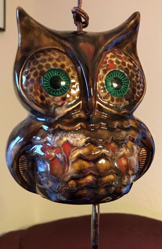 Vintage Mid Century Modern Ceramic Owl Hanging Swag Green Glass Eyes Germany