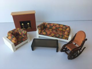 Vintage Fisher Price Dollhouse Furniture Couch Table Chair W Cushions Fireplace