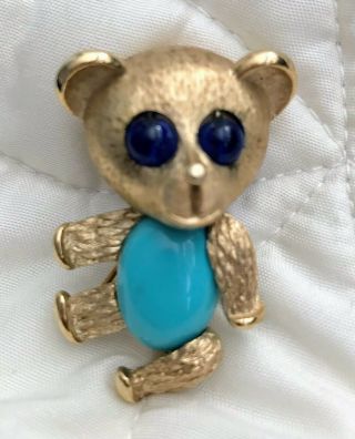 Vintage Crown Trifari Turquoise Jelly Belly Big Blue Eyed Teddy Bear Pin Brooch