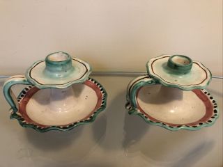Pair Vintage C.  A.  S.  Vietri Italian Pottery Chamberstick Candle Holders
