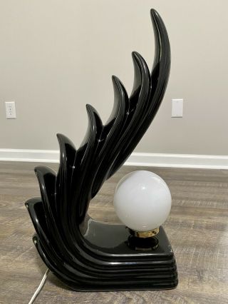 Midcentury Ceramic Art Deco Wave Wings / Dragon Tail Black Sculptural Table Lamp 2