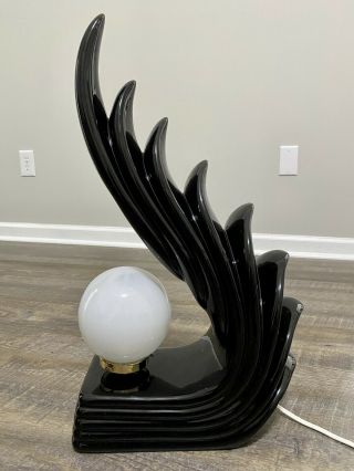 Midcentury Ceramic Art Deco Wave Wings / Dragon Tail Black Sculptural Table Lamp 4