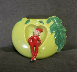 Vintage 1950 Gilner Ceramic Elf/pixie Green Tomato/apple Wall Vase