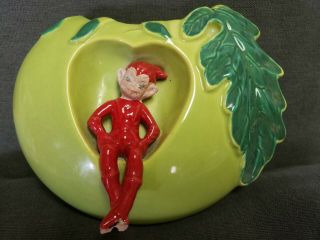 Vintage 1950 Gilner Ceramic Elf/Pixie Green Tomato/Apple Wall Vase 3