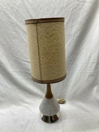 Vintage Mid Century Modern Atomic Table Lamp Gold White Milk Glass Lighted Base