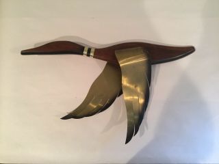 Vtg Mcm Teak Wood Flying Duck Goose W Brass Metal Wings Wall Hanging Decor 20”