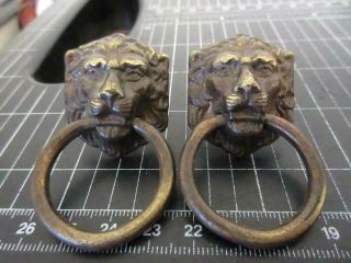 Vintage Pair Brass Plated Steel Lion Head Drop Ring Drawer Pulls - Salvaged