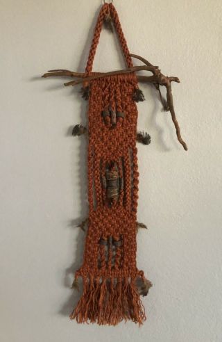 Vintage Mid Century Macrame Wall Hanging Driftwood Beads Feathers - Rust 18”x45”