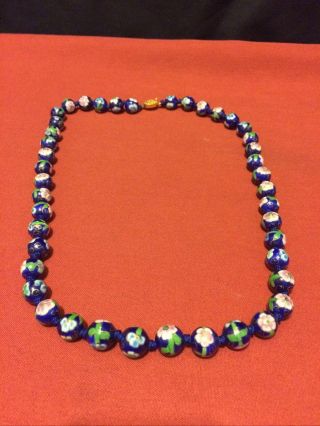 Vintage Chinese Cloisonne Blue Enamel Flower Floral 10mm Bead Strand Necklace
