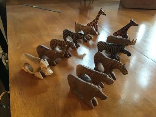 Set Of 12 Vintage Hand Carved Wood African Safari Animal Napkin Rings Holders