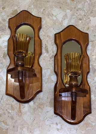 Vtg Pr Wood Mirrored Entryway Wall Hanging Amber Glass Candle Holder Sconce 16”