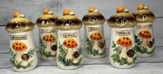 Vintage Merry Mushroom Spice Shakers Jars Set Of 6 Sears & Roebuck 4.  5 " 1970 