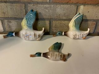 Vintage Set Of 3 Keele Street Pottery Flying Ducks / Mallards Wall Plaques