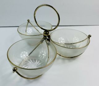Vintage 50s 60s Atomic 3 Dish Server Frosted Glass Brass Mid Century Bar Ware