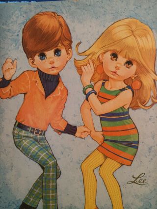 Vintage 1960s Lee Print Big Eyed Boy & Girl Go Go Dancing Note On Back