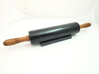 Vintage Black Marble Rolling Pin Wooden Handles With Marble Cradle Base