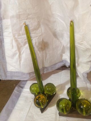 Vintage 1960s Green Lucite Grapes & Wood Candle Holders With Candles Triangle