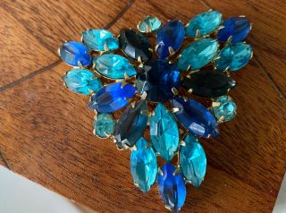 Vintage Navettes 3 Shades Of Blue Rhinestone Brooch High End Open Back Pin