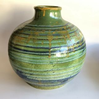 Large 10 1/2” Tall Mid Century Modern Round Ball Vase W Green Blue Yellow Glaze