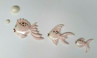 Vintage 3 Ceramic Fish With Bubbles Wall Hanging Iridescent Pink White Retro Mcm
