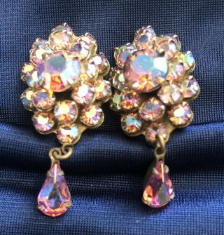 Vintage Signed Weiss Pink Aurora Borealis Clip - On Earrings