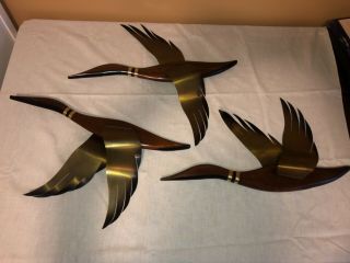 Set Of 3 Mcm Teak Wood Brass Wings Flying Geese Duck Wall Art Mid Century Modern
