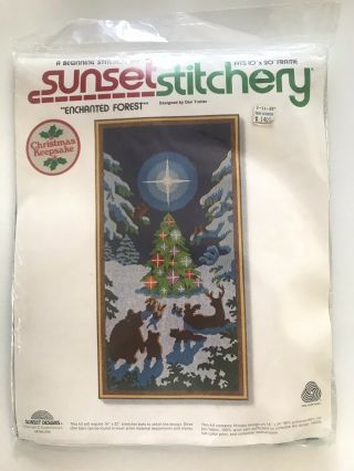 Sunset Stitchery Christmas Enchanted Forest Crewel Embroidery Kit Vintage