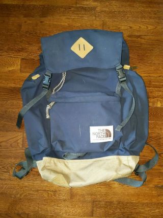 The North Face Hiking Backpack Leather Blue Canvas Label Rucksack Vintage Style