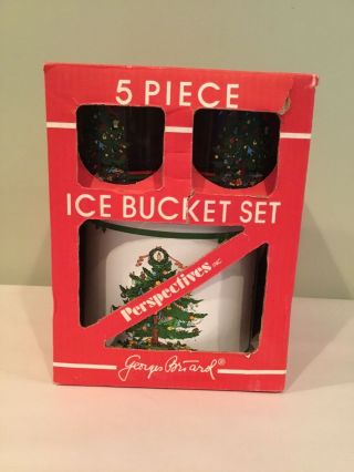 Vintage Georges Briard Vinyl Ice Bucket Set 4 Christmas Tree Lowball Glasses Nos