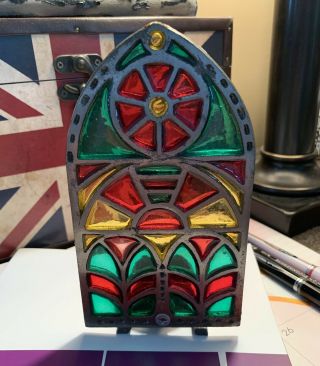Vintage Rustic Cast Iron Christmas Tree Stained Glass Light Votive Candle Holder