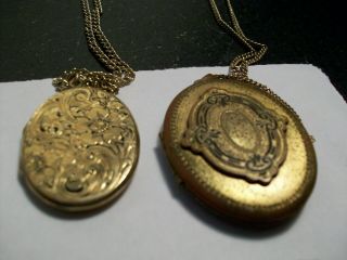 2 Vintage Jewelry Gold Plated Photo Lockets Hinged Necklaces 1 3/4 " & 1 3/8 "