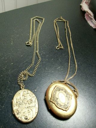 2 vintage jewelry gold plated photo lockets hinged necklaces 1 3/4 