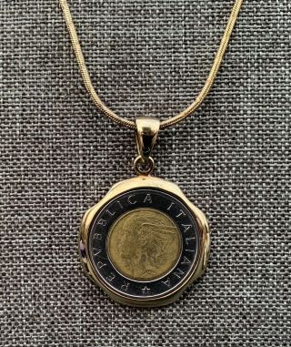Vintage Sterling Silver Gold Plated Italian Milor 500 Lire 1991 Coin Necklace
