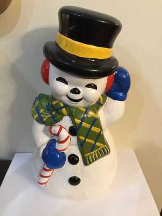 Vintage 1970s Mold Ceramic Christmas Frosty Snowman Plaid Scarf Hand Painted 12”