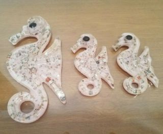 Set Of 3 Vintage Retro Pink Acrylic Lucite Seahorse Wall Art