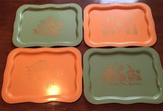 Set Of 4 Vintage Retro Metal Green Orange Mid Century Farmhouse Dinner Trays S00