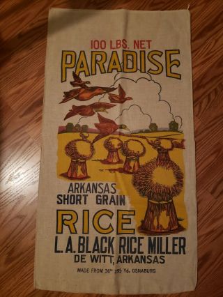 Vintage Rice Cloth Sack 100 Lbs Paradise Ducks Osnaburg De Witt Arkansas Feed