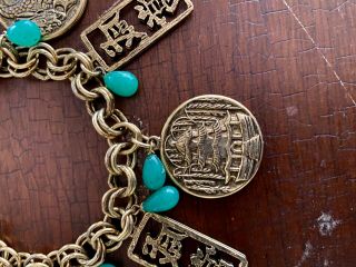 Vintage Asian Charm Bracelet Gold Tone & Jade Glass Peking Drops,  7 