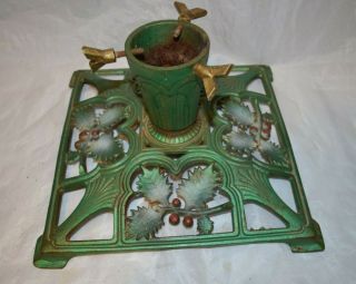 Vintage Green Painted Large Heavy Cast Iron Christmas Tree Stand 11 " Holly