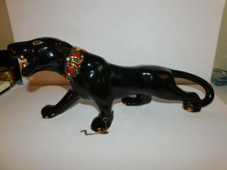 Vintage Jeweled Large Black Panther Ceramic Figurine Art Deco Mid Century 19”
