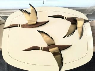 3 Mid Mod Mcm Teak Wood Flying Duck Goose W Brass Metal Wings Wall Hanging 22 "