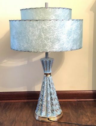 Mid Century Table Lamp Blue Gold Tiered Fiberglass Shade Atomic Retro Ceramic
