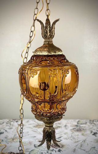 Vtg Mid Century Large Retro Hanging Swag Light/lamp Amber Glass Design 29’/37’