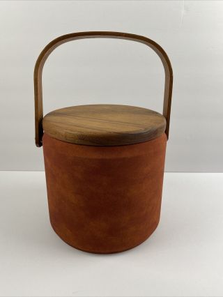 Vintage Georges Briard Burnt Orange Suede Leather Teak Ice Bucket Mid Century
