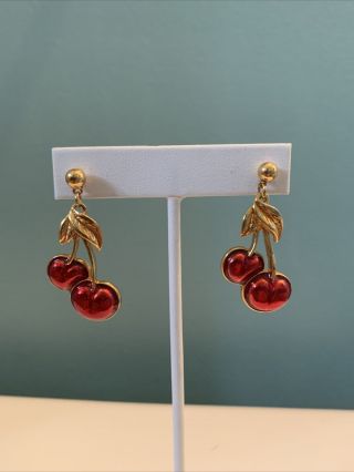 Vintage Avon Gold Tone Red Enamel Cherry Pierced Earrings Jewelry Ii74
