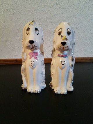 Vintage Salt And Pepper Shakers Dog Figurines White,  With Bees