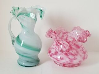 2 Vintage End Of Day Style Hand Blown Glass Ruffled Rim Vase And Swirled Pitcher