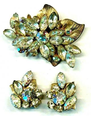 Vintage Signed Judy Lee Brooch Earrings Ab Lava Crystal Rhinestone Leaves