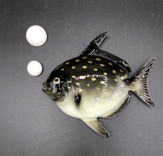 Vintage Lefton Black Gold & White Ceramic Fish Wall Plaque With White Bubbles